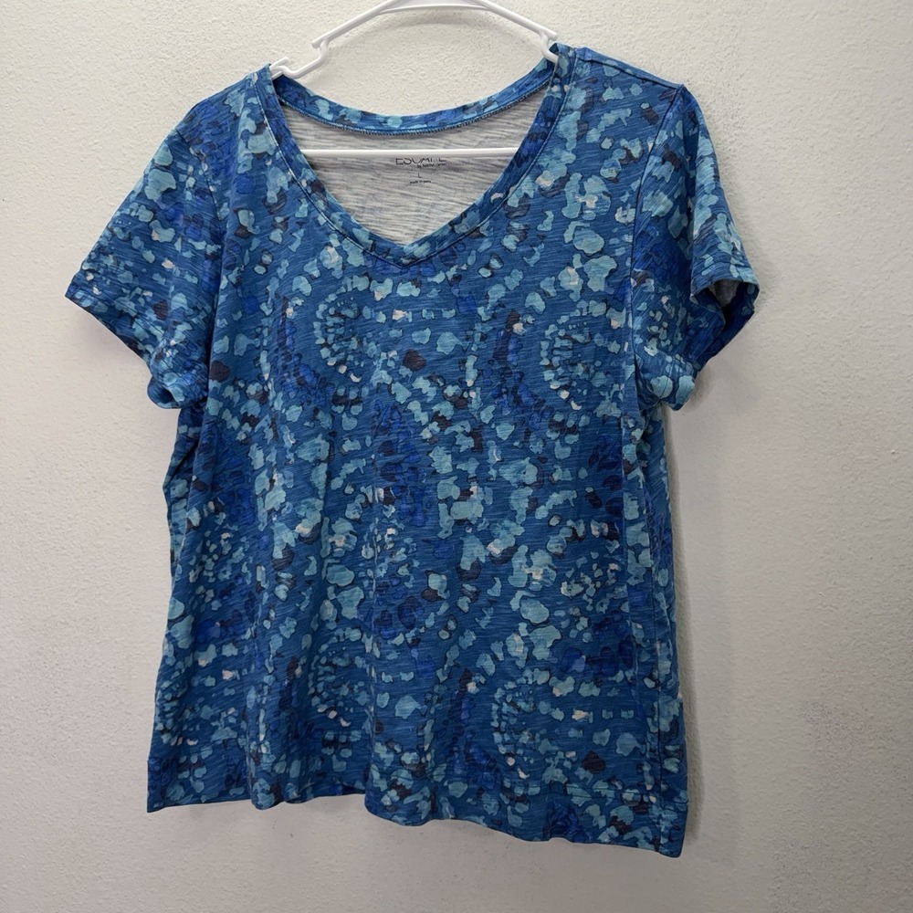 Escape by Habitat Slub Knit Top Blue Womens L Print Minimalist 100% Cotton Vneck